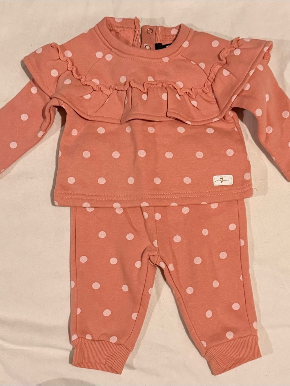 7 For All Mankind Coral Pink Polka Dot Ruffle Top & Pants Set